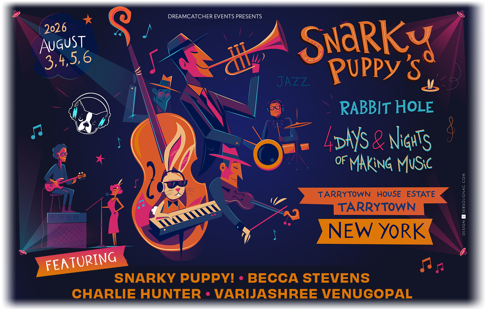 Snarky Puppy & GroundUP Music Present: THE RABBIT HOLE. 4 days & 4 nights of music and creativity with members of Snarky Puppy & special guests, Kimbra, Lalah Hathaway, Stanley Jordan, Wayne Krantz, John Medeski, Becca Stevens, Magda Giannikou, & Varijashree Venugopal. Featuring Snarky Puppy members Chris Bullock, Jay Jennings, Michael League, Mark Lettieri, Rob Reynolds, Justin Stanton, JT Thomas, and Nate Werth. AUGUST 3 - 6, 2026 in Tarrytown, New York. Register today!